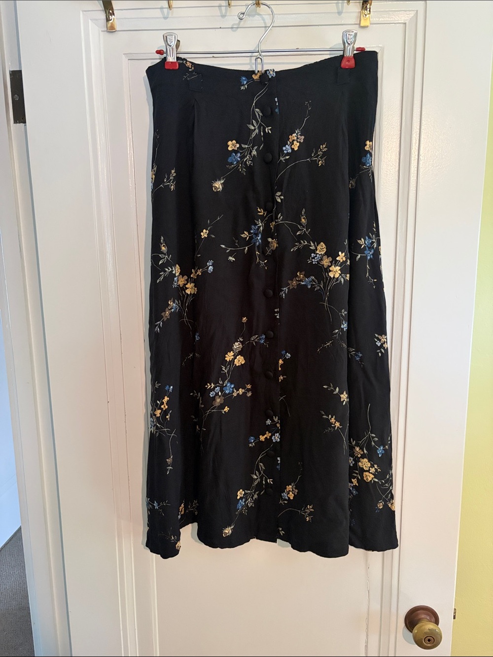 Sag Harbor Black Midi Skirt with Yellow and Blue Floral Print
